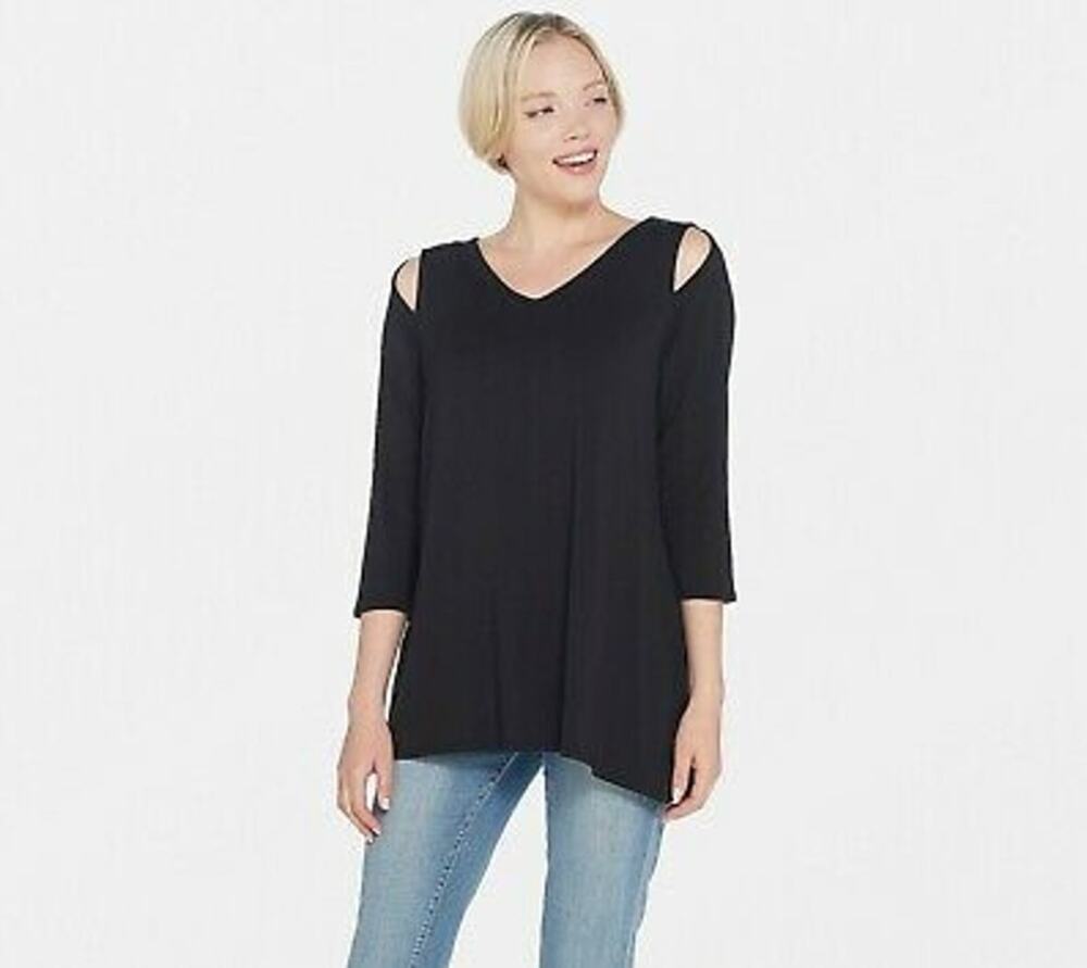 Belle by Kim Gravel Knit Top XXS Black Asymmetric Hem Slit Shoulder Detail NWOT